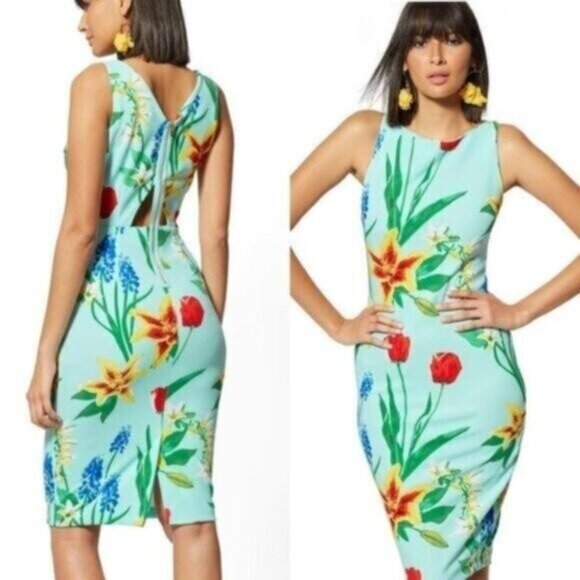 New York & Company Floral Scuba Aquamarine Splash Dress Size Medium Women - Picture 1 of 8
